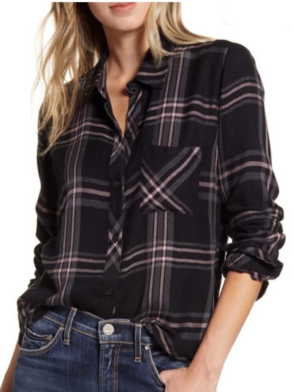 RAILS Hunter Onyx Slate Blush Metallic Plaid Button DownLarge - Picture 4 of 11
